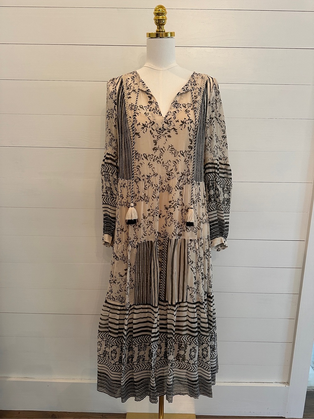 Anthropologie Boho Cream and Black Floral Tiered Maxi Dress